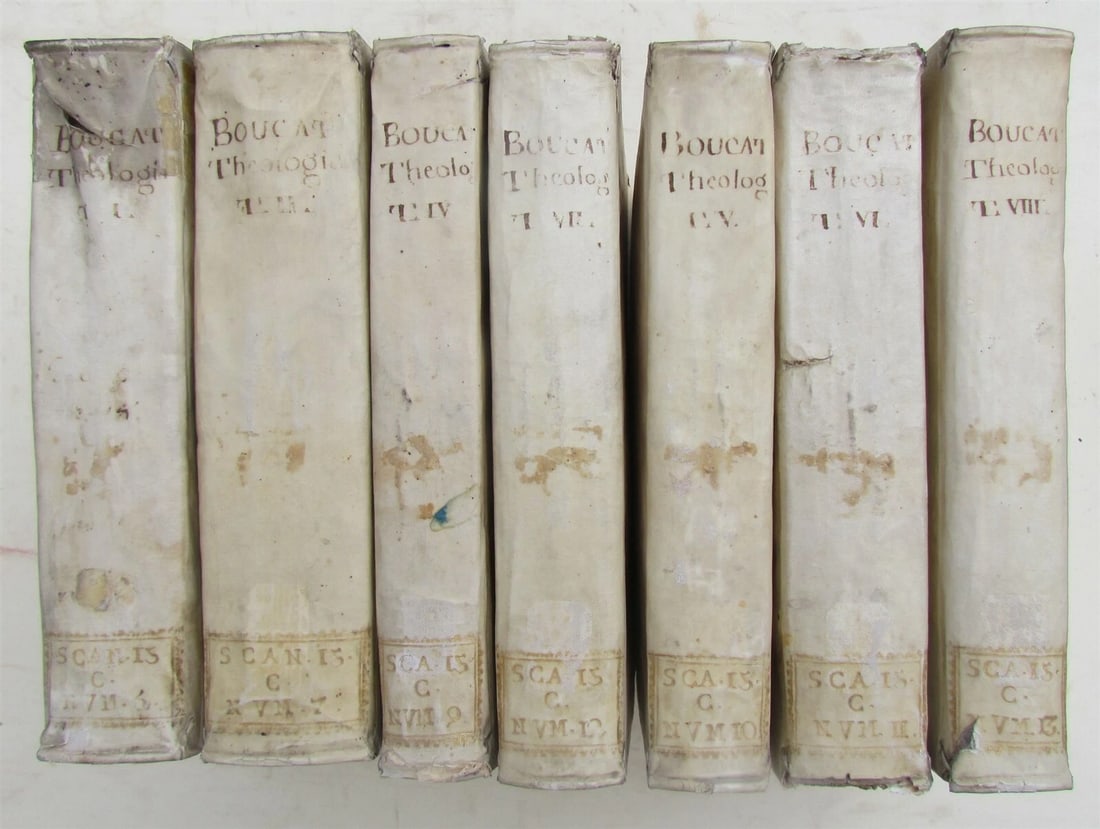 1736 VELLUM BINDING 7 VOLUMES LOT THEOLOGIA PATRUM by ANTONIO BOUCAT ANTIQUE: Theologia Patrum Dogmatica Scholastico-positiva... Auctore R.P. Antonio Boucat 7 volumes. Incomplete set. Size 7 by 9" Very good condition except occasional foxing and some defects of spines in 2