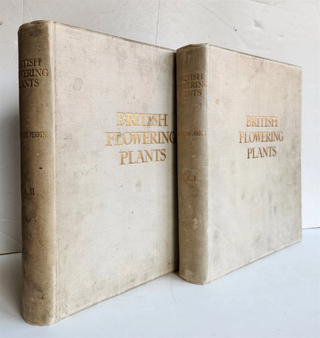 1914 BRITISH FLOWERING PLANTS antique ILLUSTRATED by PERRIN 2 folio volumes: Boulger, Professor. British Flowering Plants. London: Bernard Quaritch; 1914 146 color plates from drawings by Mrs. Henry Perrin. Volumes I & II (of 4) Folio. Size 10.5 by 12.5 inches gilt-lettered