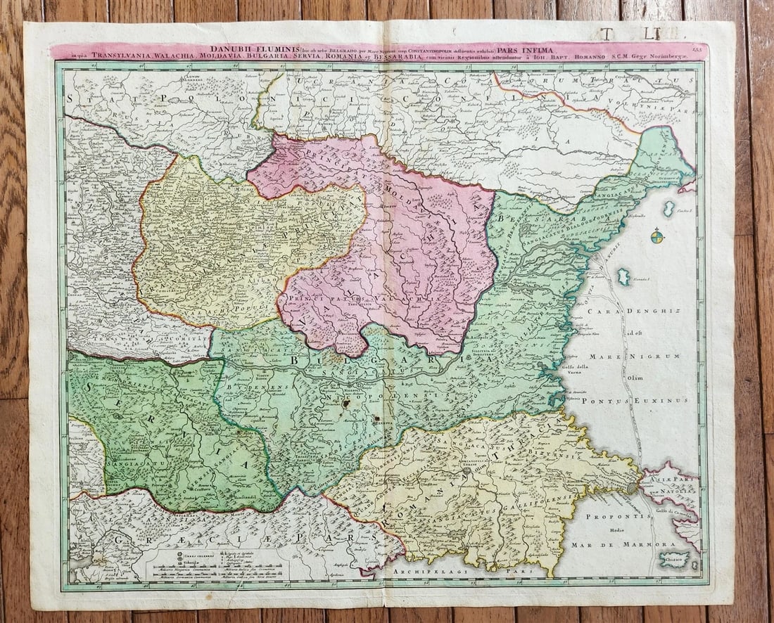 1730 MAP of DANUBE RIVER antique Transylvania Ukraine Moldavia Bulgaria Serbia: MAP Danubii Fluminus Danubii Fluminis (hic ab urbe Belgrado, per Mare Nigrum usque Constantinopolim defluentis exhibiti) pars infima in qua Transylvania, Walachia, Moldavia, Bulgaria, Servia,