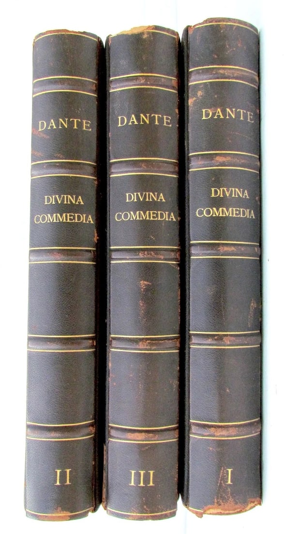 1924-39 DANTE DIVINA COMMEDIA NELLE FIGURAZIONE ARTISTICA antique MASSIVE FOLIO: DANTE DIVINA COMMEDIA NELLE FIGURAZIONE ARTISTICA Torino; 1924-1939 3 volumes, complete Massive, extremely heavy folios. Size 12 by 15 1/2" ILLUSTRATED Historic monumental edition on the work of Dante