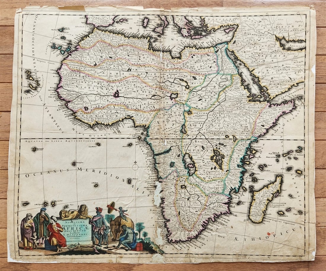 1680 AFRICA antique MAP rare 17th CENTURY AUTHENTIC: Novissima et Perfectissima AFRICAE descriptio Authore I. Danckerts Amsterdam; c. 1680 Size 20 by 23 inches Wear, backed on paper, damages in the lower part next to the center, visible on the scan
