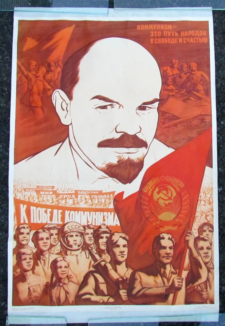 RUSSIAN 1962 SOVIET COMMUNIST POSTER w/ USSR CREATOR LENIN: Size 26.5 by 38" Very good condition. Backed on archival paper. . Reserve: $98.00 Shipping: Domestic: Flat-rate of $25.00 to anywhere within the contiguous U.S. International: Foreign shipping rates