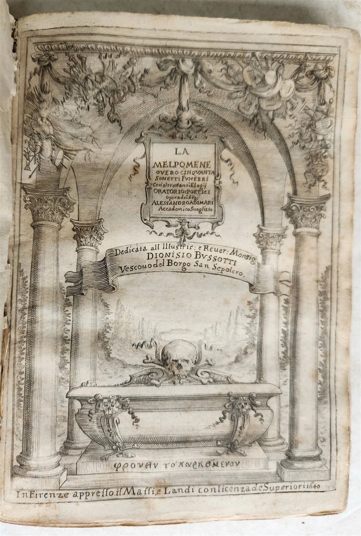 1649 LA MELPOMENE OPERA antique VELLUM BOUND POETRY in FRENCH: La Melpomene opera. Florence, Massi & Landi (1649). by Alessandro Adimari 5 pp., 103 pp. Original limp vellum, lacks ties and endpapers One of a total of six collections of 50 sonnets each, published