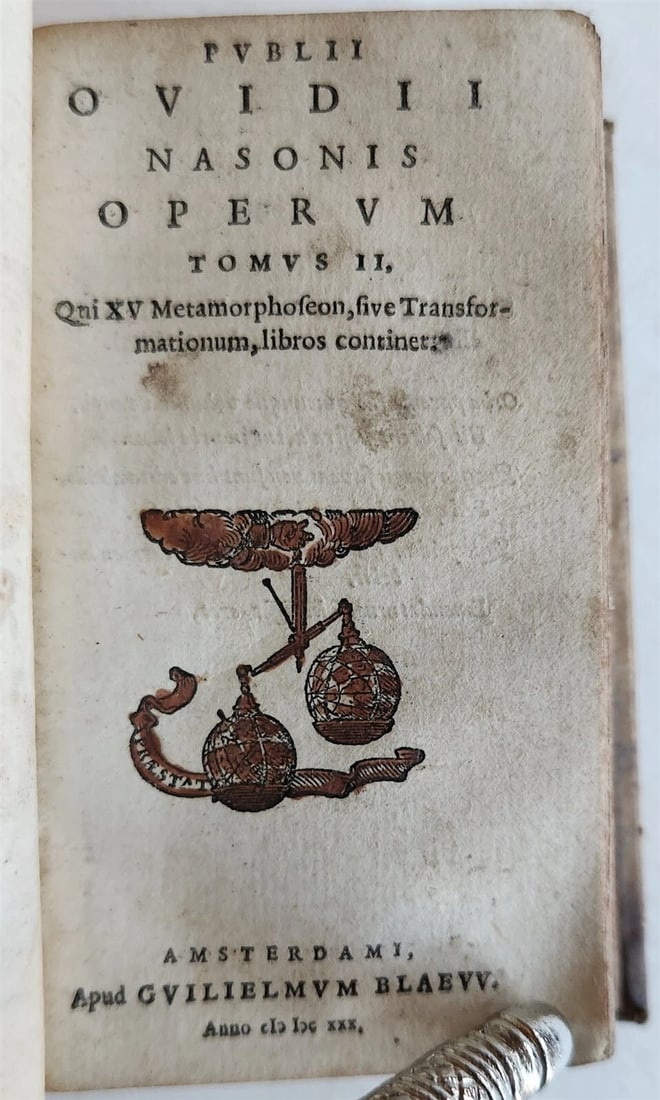 1630 PUBLII OVIDII NASONIS operum antique VELLUM BINDING: PUBLII OVIDII NASONIS OPERUM 3 parts in 1 volume Amsterdam, Blaeu; 1630 Size 2 1/2 by 4 1/4" Original vellum Good condition, some wear, occasional stains Text in Latin Reserve: $201.00 Shipping: