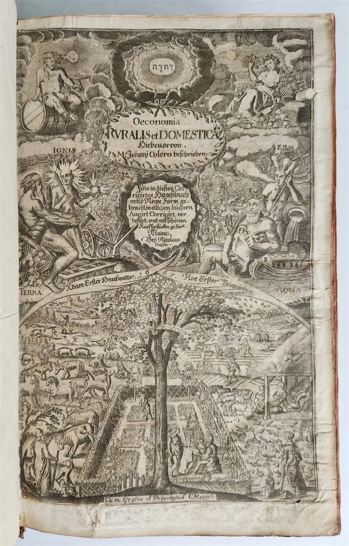 1665 OECONOMIA ILLUSTRATED antique hunting fishing livestock breeding PIGSKIN: COLERUS, J. Oeconomia ruralis et domestica. Darin das gantz Ampt aller trewer Hauß-Vatter, Hauss-Mutter... begriffen. Auch Wild- und Vogelfang, Weidwerck, Fischereyen Viehezucht Holzfallungen... 