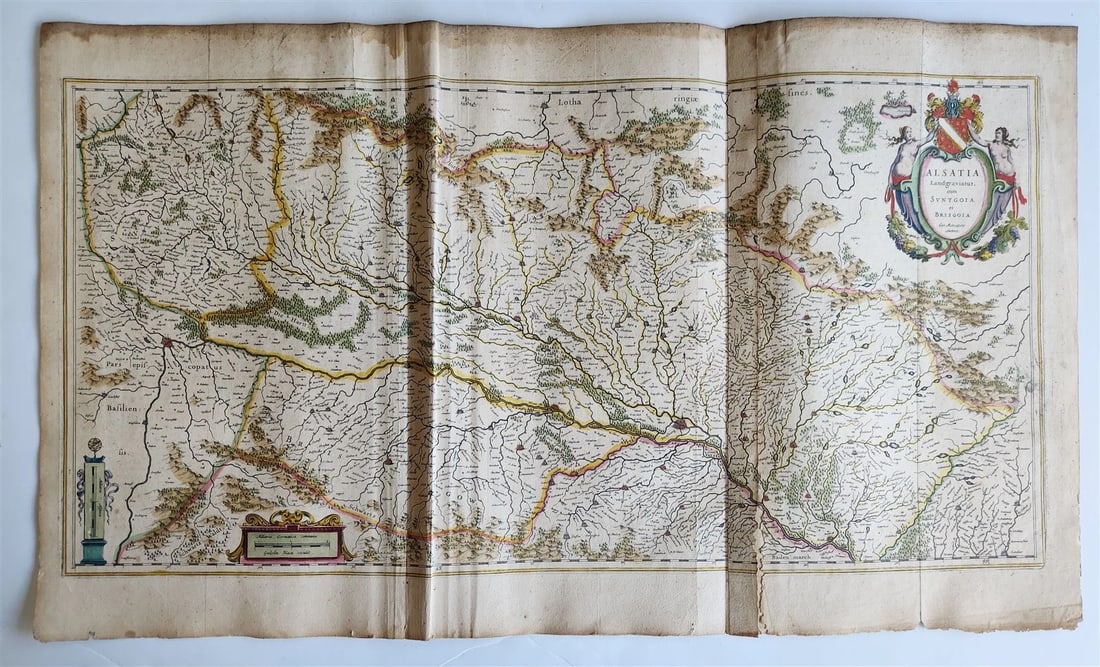 1640 ALSACE FRANCE antique MAP ALSATIA LANDGRAVIATUS: ALSACE ALSATIA LANDGRAVIATUS Amsterdam: W. Blaeu; 1640 Size 19.5 by 33 inches Some repairs at the folds Text on the backside in Latin Reserve: $250.00 Shipping: Domestic: Flat-rate of $25.00 to