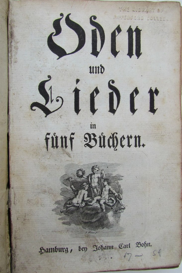 1754 VELLUM BOUND German baroque compilation of songs and poems by F. Hagedorn: Friedrich von Hagedorn, "Oden und Lieder in fuenf Buechern" (Hamburg, J.C. Bohn 1754); contemporary stiff vellum; German baroque compilation of songs and poems by a renowned philologist. Text in