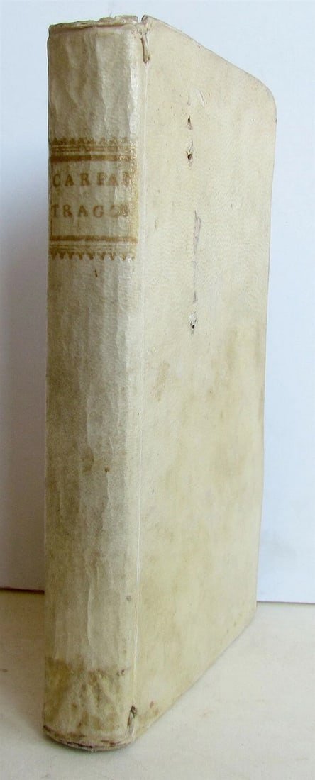 1705 Inter Arcades TYRRHI CREOPOLITAE TRAGOEDIAE J. Carpani VELLUM antique: JOSEPH CARPANI, Soc. Jesu Inter Arcades TYRRHI CREOPOLITAE TRAGOEDIAE Rome, 1705 Size 4 1/4 by 7 1/2" Vellum binding. Very good condition, except some wear and minor damages to the vellum. Text in