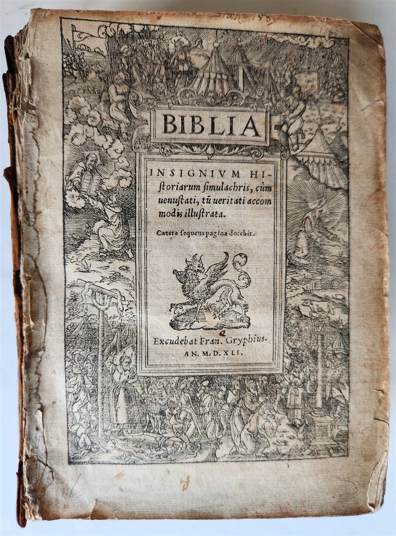 1541 BIBLE in LATIN antique rare BEAUTIFULLY ILLUSTRATED: BIBLE in LATIN Biblia Insignium Historiarum Similachris Printed by Franciscus Gryphius [Paris:] François Gryphe, 1541 Numerous tect illustrations - woodcuts throughout the text, disbound [USTC 14