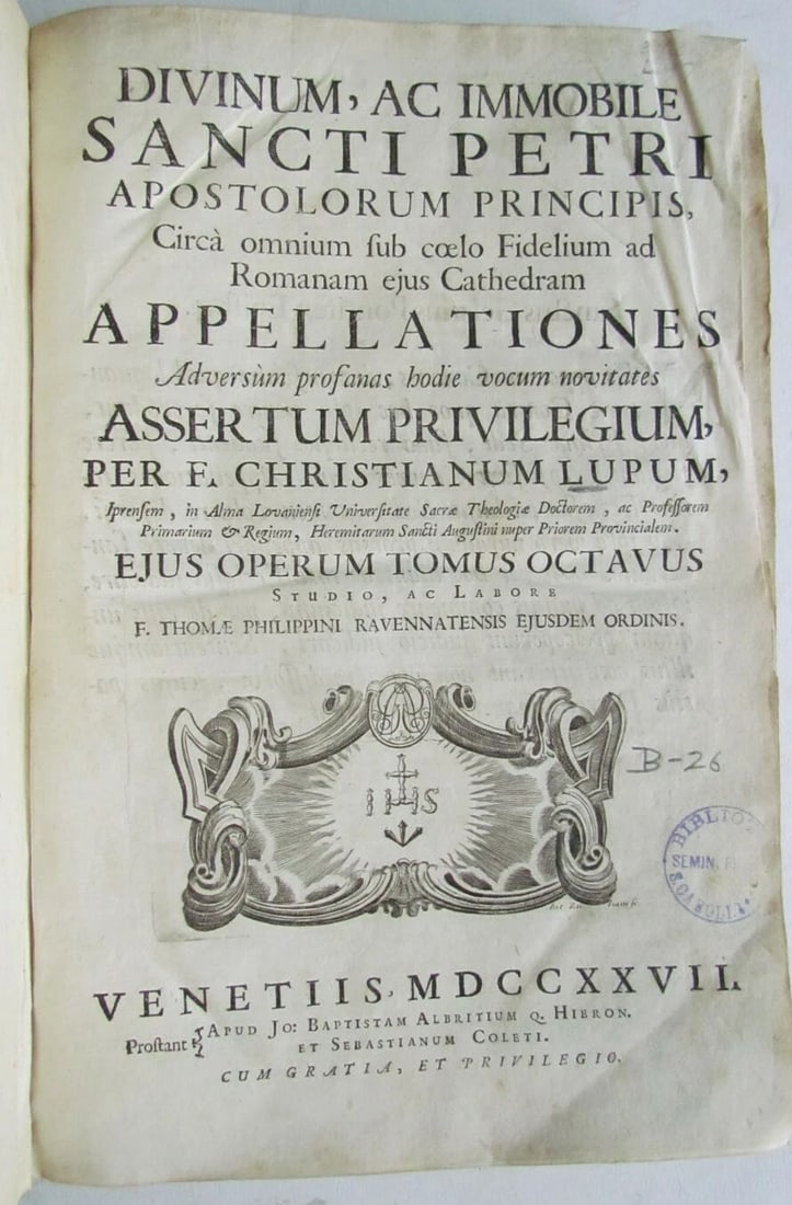 1727 VELLUM BOUND ANTIQUE FOLIO DIVINUM AC IMMOBILE SANCTI PETRI C. LUPUM VENICE: DIVINUM AC IMMOBILE SANCTI PETRI CHRISTIAN apud Jo. Baptistam Albritium q. Hieron. et Sabastianum Coleti, Venetiis, 1727. Ex-library. Folio, 9 by 13.5''. Latin text. Bound in vellum. Some leaves fraye