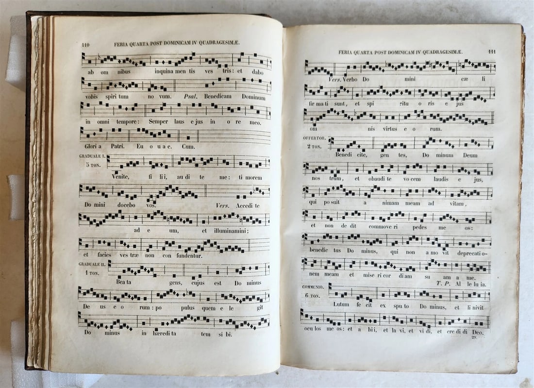 1854 GRADUALE ROMANUM antique ANTIPHONAL LARGE FOLIO 10.5 x 15": GRADUALE ROMANUM Leodii (Lowen), Apud Spee-Zelis; 1854. Large folio. Size 10.5 by 15" Original leather binding, restored. Spine with raised bands, decorated in gilt, with title label. 515 pp., 16pp,