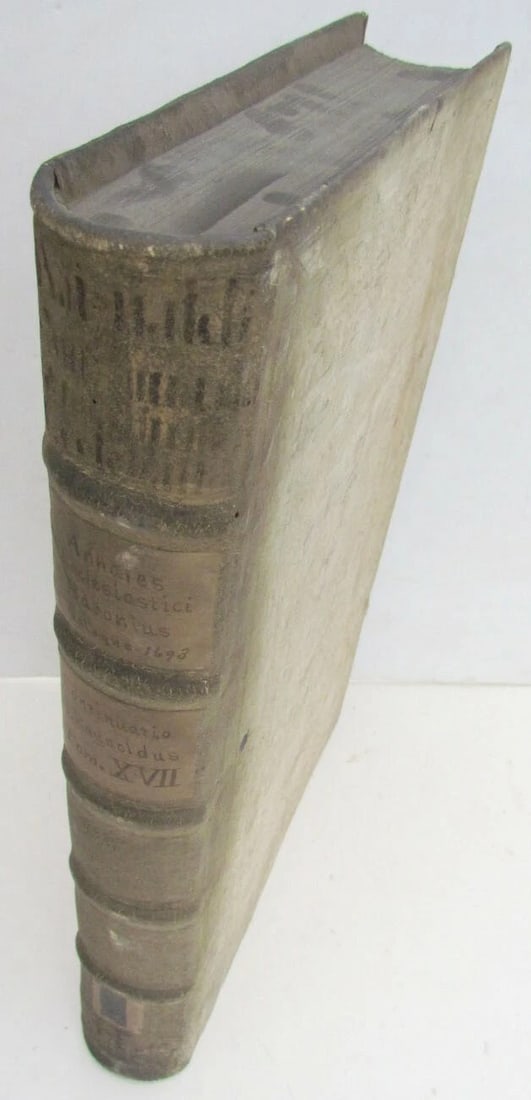 1693 BLIND-STAMPED PIGSKIN OVER WOODEN BOARDS FOLIO ANNALES ECCLESIASTICI: Very good condition. Binding with some discoloration. Intact. Pages with foxing and toning. Clasps are in good shape. Ex-library. Size 10 by 15.5''. Latin text. . (342) PA residents please add sal