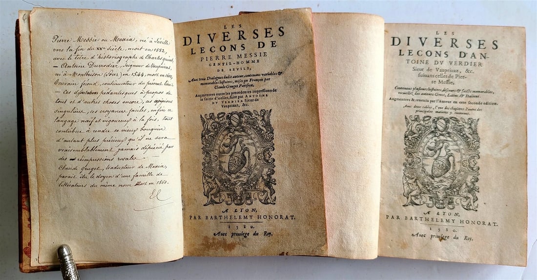 1580 LESSONS of PIERRE MESSIE 2 volumes antique 16th CENTURY in LATIN: Les diverses lecons de Pierre Messie. Lyon, B. Honorat, 1580 2 volumes The various lessons of Pierre Messie gentleman of Sevile, with three dialogues of the said author, containing variable & memorabl