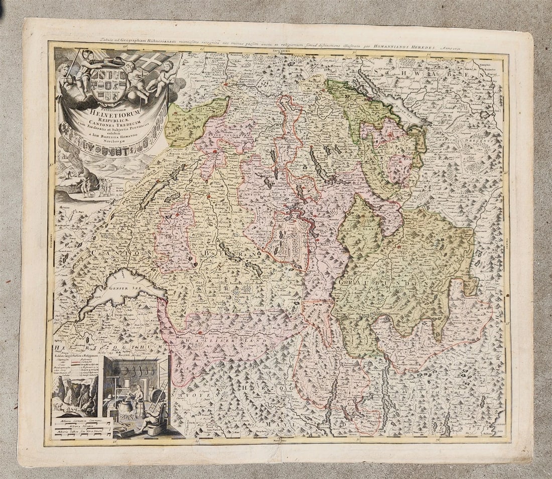 1732 SWITZERLAND antique MAP HELVETIORUM Reipublicae Cantones Tredicum by HOMANN: Potentissimae HELVETIORUM Reipublicae Cantones Tredicum cum Foederatis et Subjectis Provinciis exhibiti Nuremberg: Homann; c. 1732 Hand-colored copper engraving on paper Size 21 by 24.5 inches Very