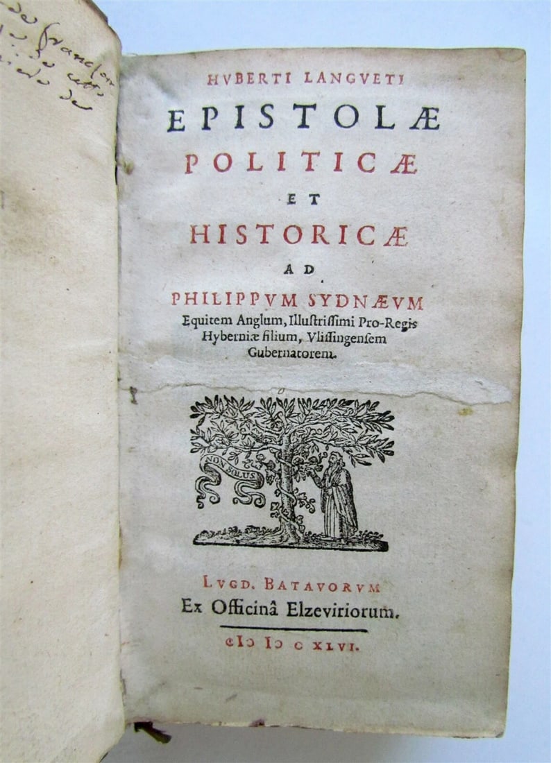 1646 POLITICAL & HISTORICAL WORKS Hubert LANGUET antique VELLUM ELZEVIR PUBL.: Hubert LANGUET Epistolae politicae et historicae ad Philippum Sydnaeum [...]. Lugd [uni] Batavorum, Ex officinâ Elseviriorum, 1646. Size 3 by 5 1/4" Overlapping vellum, manuscript title on the sp