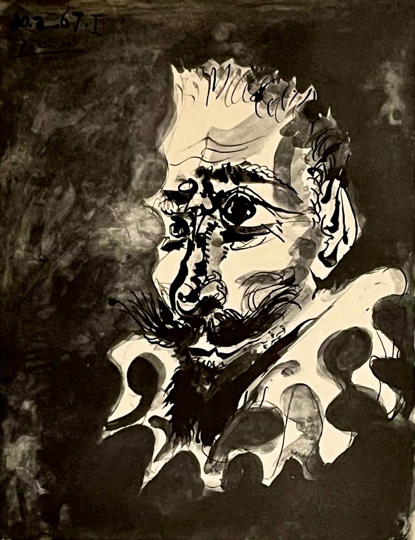 1969 Picasso's Drawings 1966-68 No 1 dated 2 /10 / 1967: Artist: Pablo Picasso Country: Spain Title: No 1, dated 2 /10 / 67 Medium: Offset - P112 Marks: Not signed nor numbered and might have printing and text on the back. Paper size: Vellum 11.50 x 9 inch 
