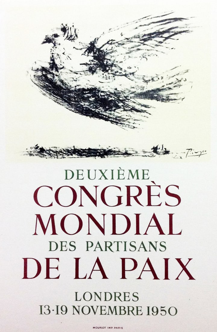 Picasso Lithograph 62 Congress mondial de la paix 1959: Title: Congress mondial Artist: Pablo Picasso Country: Spain Medium: Lithograph - 62 Paper size: 12.50 X 9.50 inch Printed: 1959 by Mourlot Freres, France Provenance: Art in posters Book 1959