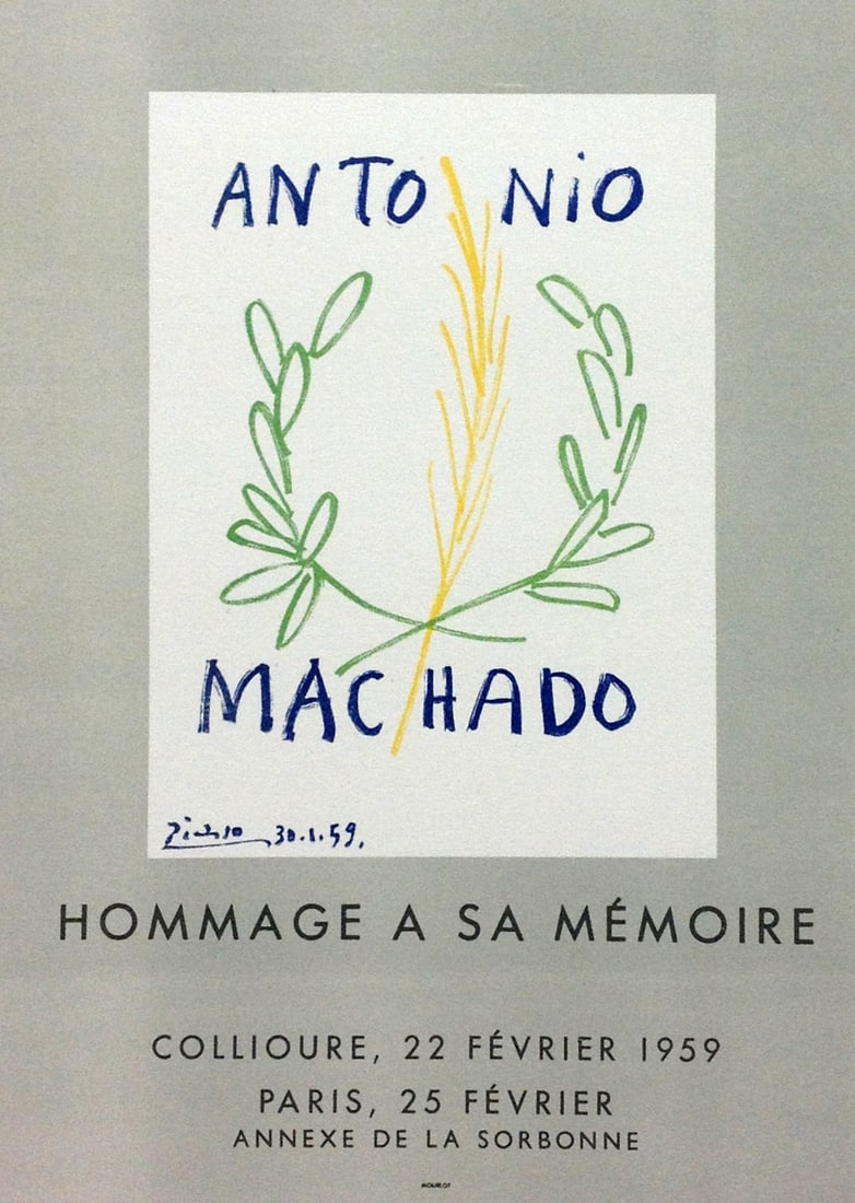 Picasso Lithograph 97 Homage a Machado Art in posters: Title: Homage a Antonio Machado Artist: Pablo Picasso Country: Spain Medium: Lithograph - 97 Paper size: 12.50 X 9.50 inch Printed: 1959 by Mourlot Freres, France Provenance: Art in posters Book 1959 