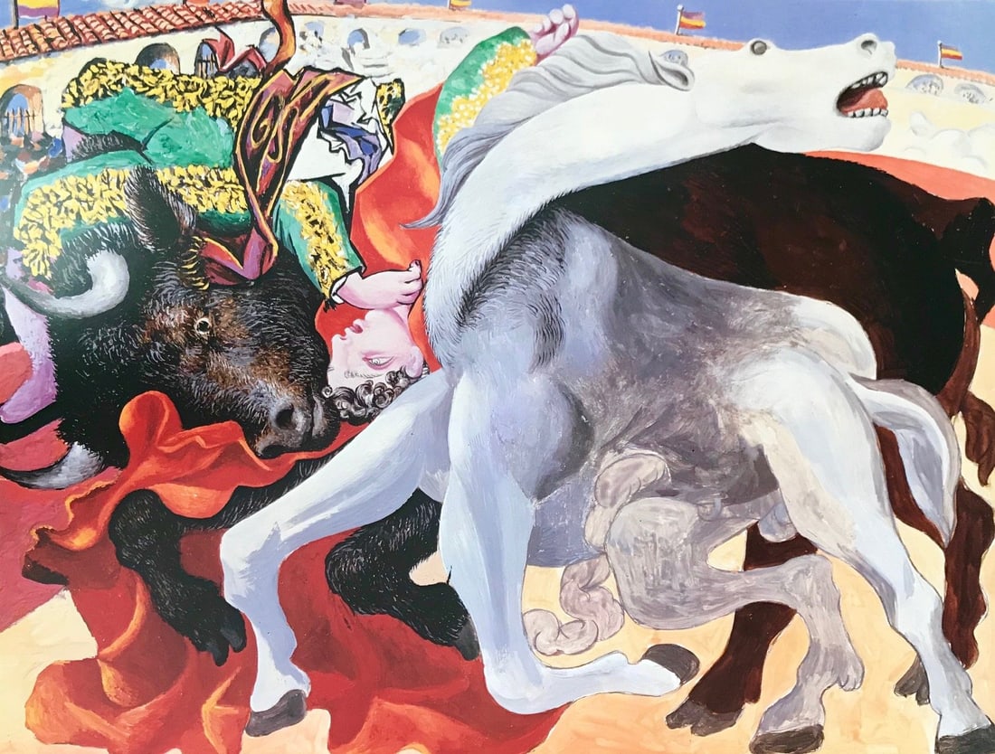 Pablo Picasso Poster Corrida la mort du torero: Artist: Pablo Picasso Title: Poster Corrida la mort du torero Medium: Quadrichromie printed in France, Paper Size: 21 x 28 inch Condition: Fine Please note that this lot has a confidential reserve.