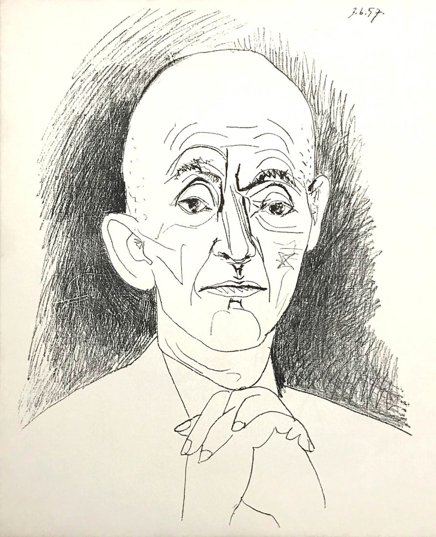 1959 Picasso lithograph Portrait of Daniel H. kahnnweiler: Artist: Pablo Picasso Country: Spain Title: Portrait of Daniel Henry Kahnweiler Medium: Lithograph Marks: Not signed, not numbered Paper Size: 17 x 14 inch Published: 1959 by Cincinnati Art Museum