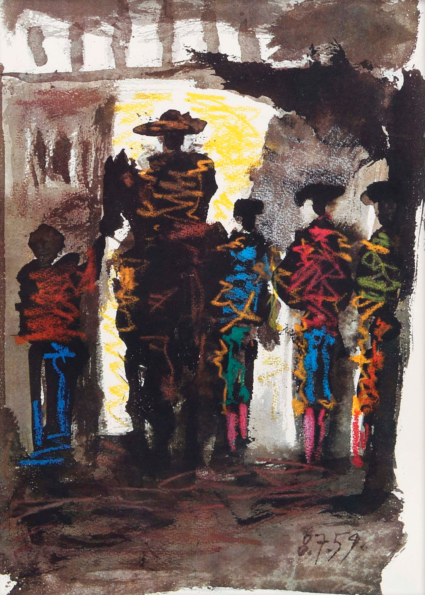 Picasso Toros y Toreros Bullfight dated 8/7/59: Artist: Pablo Picasso County: Spain Title: Toros y Toreros Bullfight dated 8/7/59 Medium: Quadrichromie Paper size: On vellum 14.75 x 10.50 inch Publisher: 1961 by Editions Cercle d'art, France