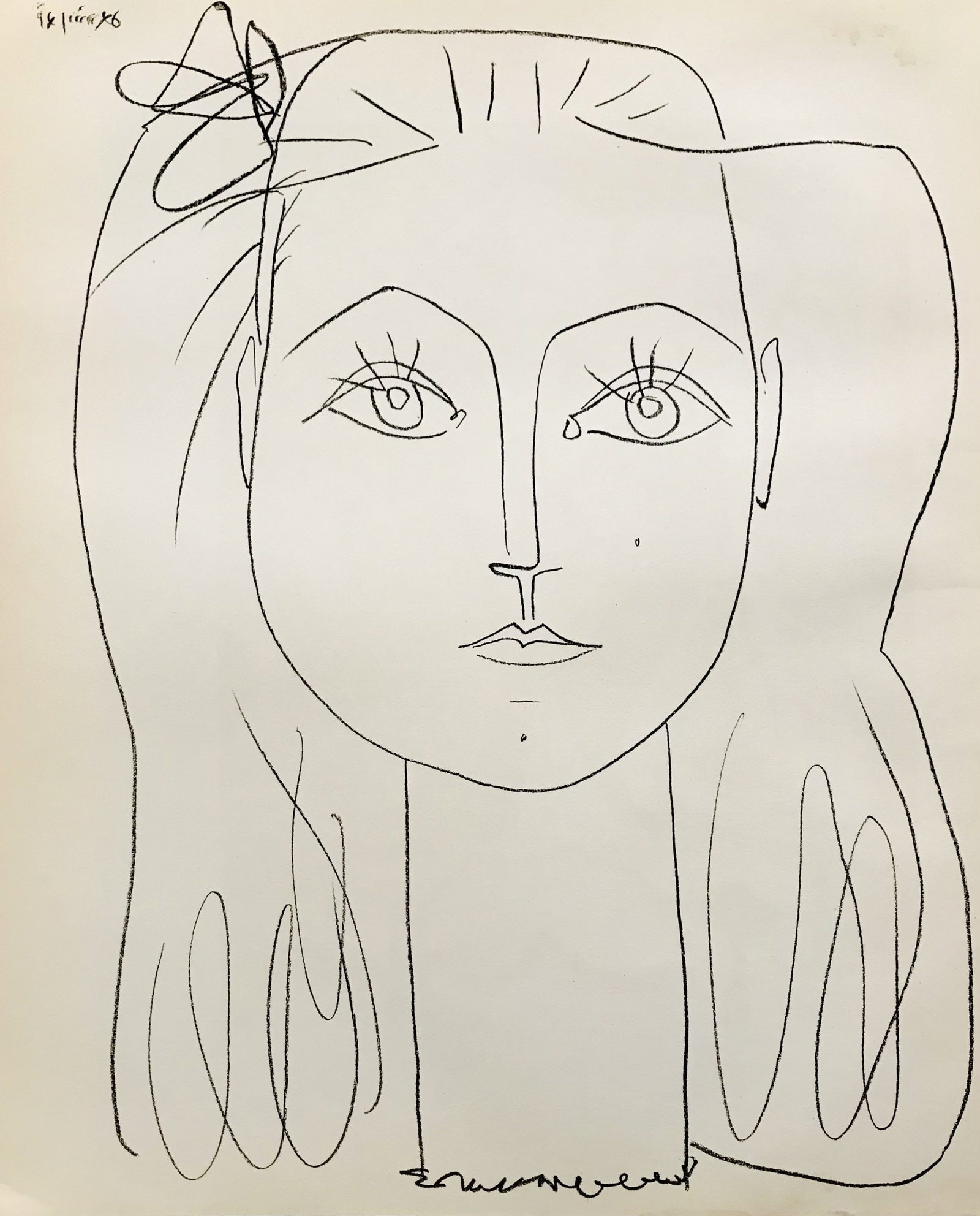 Picasso lithograph 1959 Frances with bow in hair: Artist: Pablo Picasso Country: Spain Title: Frances with bow in hair Medium: Lithograph Marks: Not signed not numberedd Paper Size: 17 x 14 inch Published: 1959 by Cincinnati Art Museum Provenance: