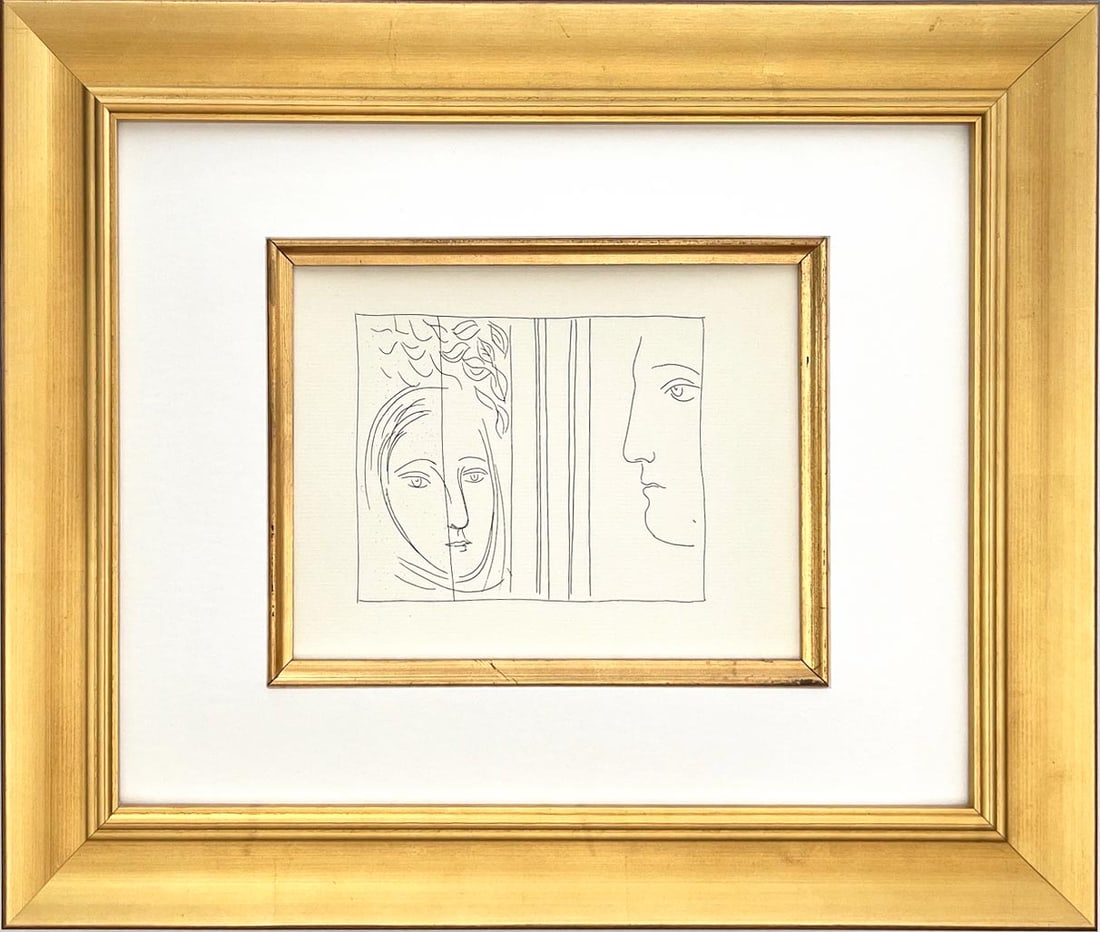 Picasso Metamorphoses 16 Profile and head of a woman framed: Title: Profile and head of a woman Artist: Pablo Picasso Country: Spain Medium: Facsimile 16 Marks: Not signed, not numbered Paper Size: 11 x 8.50 inches on Papier Verge fin blanc Printed: Papeterie