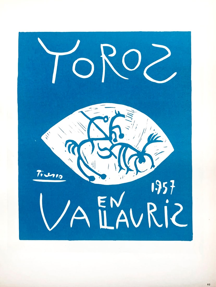 Picasso Lithograph 83 Toros en Vallauris Art in posters: Title: Tos en Vallaris Artist: Pablo Picasso Country: Spain Medium: Lithograph - 83 Paper size: 12.50 X 9.50 inch Printed: 1959 by Mourlot Freres, France Provenance: Art in posters Book 1959 Condition