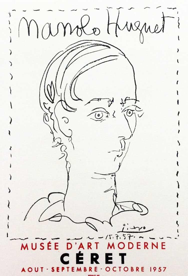 Picasso Lithograph 87 Manolo hugnet Art in posters: Title: Manolo Hugne Artist: Pablo Picasso Country: Spain Medium: Lithograph - 84 Paper size: 12.50 X 9.50 inch Printed: 1959 by Mourlot Freres, France Provenance: Art in posters Book 1959 Condition: V