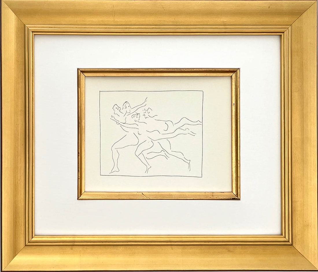 Picasso 24 Four women in flight framed: Title: Four women in flight Artist: Pablo Picasso (after) Country: Spain Medium: Facsimile - 24 Marks: Not signed, not numbered Paper Size: 11 x 8.50 inches Printed: Circa 1970s on Papier Verge fin