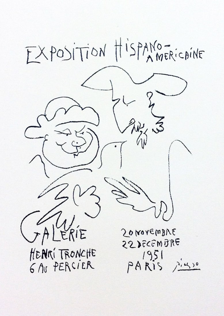 Picasso Lithograph 65 Expo Italiano Americain Art in posters: Title: Exp Italiano Americain Artist: Pablo Picasso Country: Spain Medium: Lithograph - 65 Paper size: 12.50 X 9.50 inch Printed: 1959 by Mourlot Freres, France Provenance: Art in posters Book 1959 Co