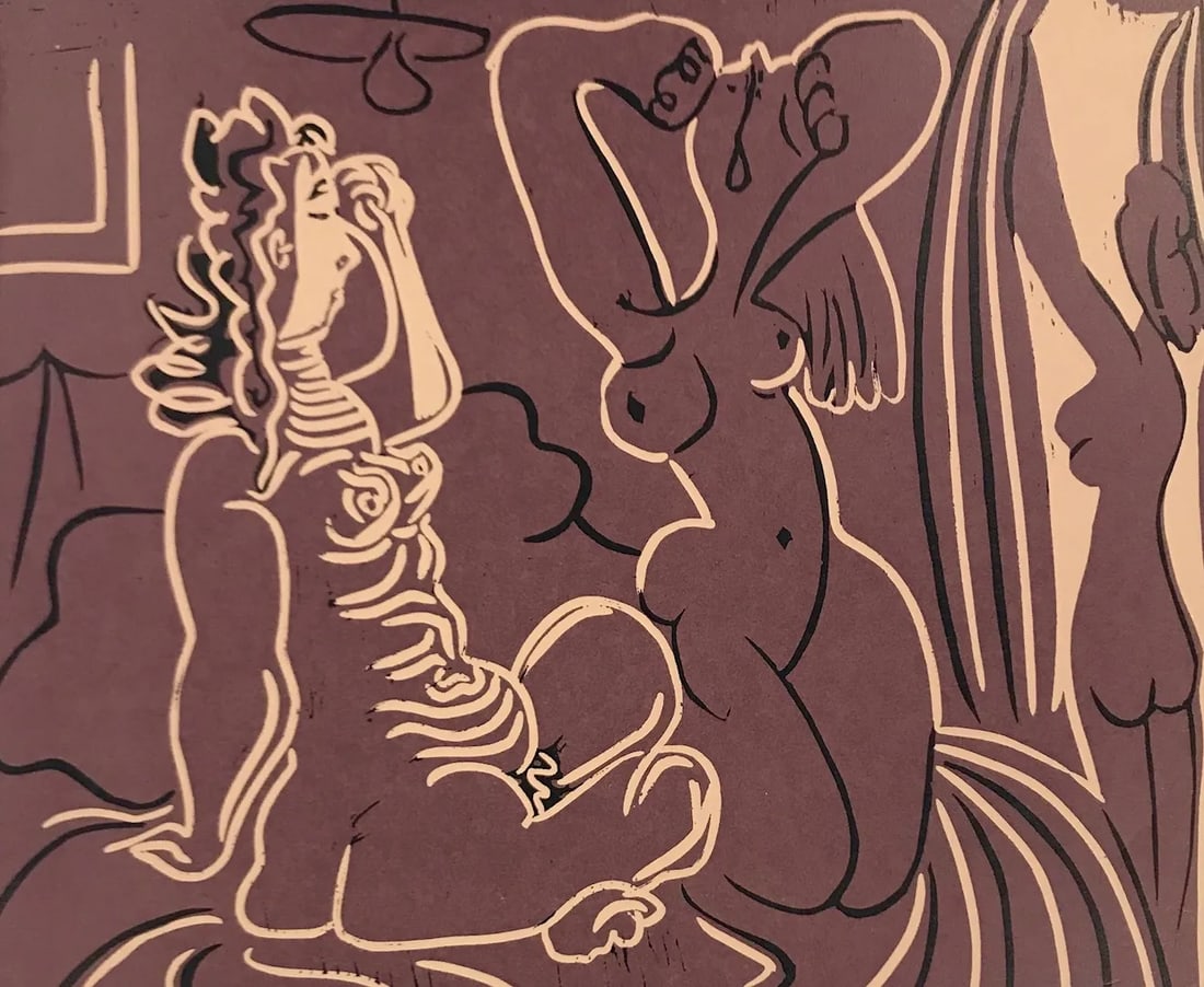 Picasso Linocut Three Women XXe Siecle 1978: Artist: Pablo Picasso (after) Country: Spain Title: Three Women Medium: Linocut in 3 colours Paper Size: Vellum 12.25 x 9.50 inch Marks: Text below the art, Image size 9.50 x 7.75 inches Provenance: