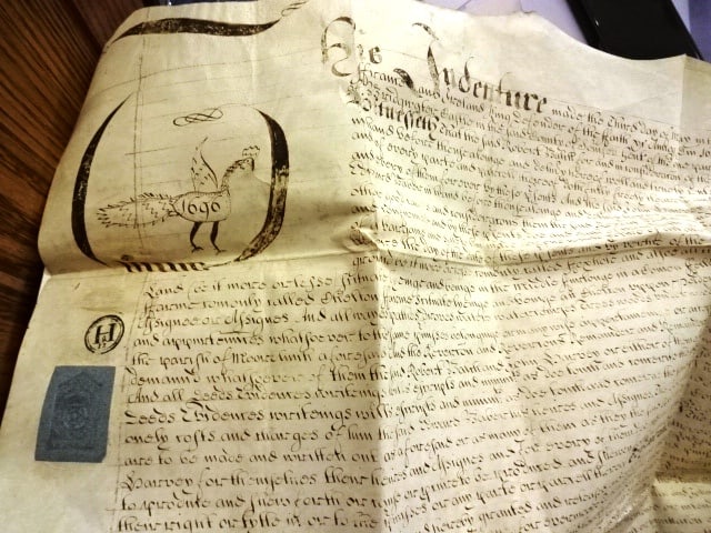 1696 Large English Vellum Deed Nice Seals: Large nicely penned English vellum indenture dated 1696 during the reign of William the Third being the conveyance of property in Chelton in the county of Somerset between a Merchant and a Gentleman