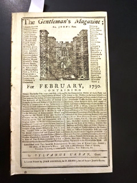 1790 Gentleman's Magazine Bunker Hill Engraving: The February 1790 issue of Gentlemen's Magazine published by Sylvanus Urban at London, 96 pages and three engravings including one being a perspective of Bunkers Hill. Much interesting content in