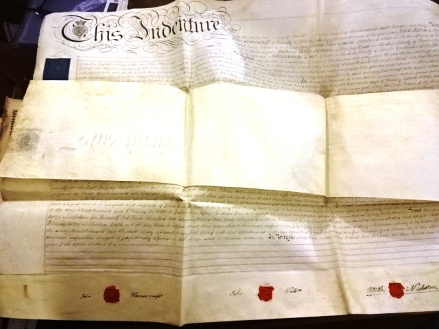 1830 Large English Vellum Indenture Red Wax Seals: A large English vellum indenture dated 1830 being an Appointment and Assignment on property in the county of Lincoln. Nicely penned on two vellum sheets the first with fancy printed vignette and the