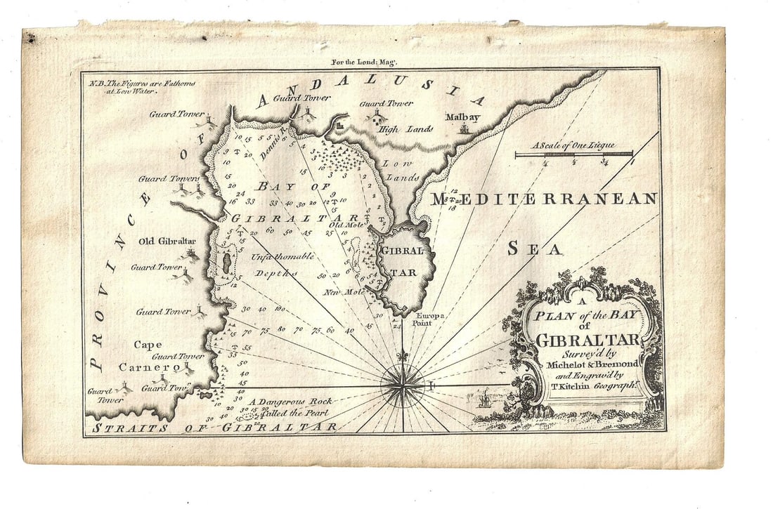 1758 Plan of the Bay of Gibraltar Thomas Kitchin: An engraved "Plan of the Bay of Gibraltar Survey'd by Michelot and Bremond", by Thomas Kitchen, printed at London for London Magazine, 1758. Fine condition, measures 8 x 5". Reserve: $20.00 Shipping:
