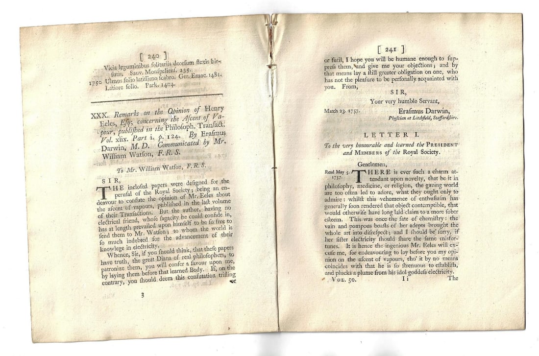 1757 Letters of Erasmus Darwin on Vapors: An extract from Philosophical Transactions for the year 1757 containing two letters of Erasmus Darwin on the subject of Vapors to the President and Members of the Royal Society. Fifteen pagfes,