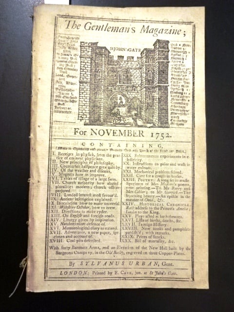 1752 Magazine Breast Feeding Innoculations: The November 1752 issue of The Gentleman's Magazine printed at London by Sylvanus Urban. 48 pages, no plates. An essay on breast feeding "On Mothers Refusing to give suck" who prefer to use the spon