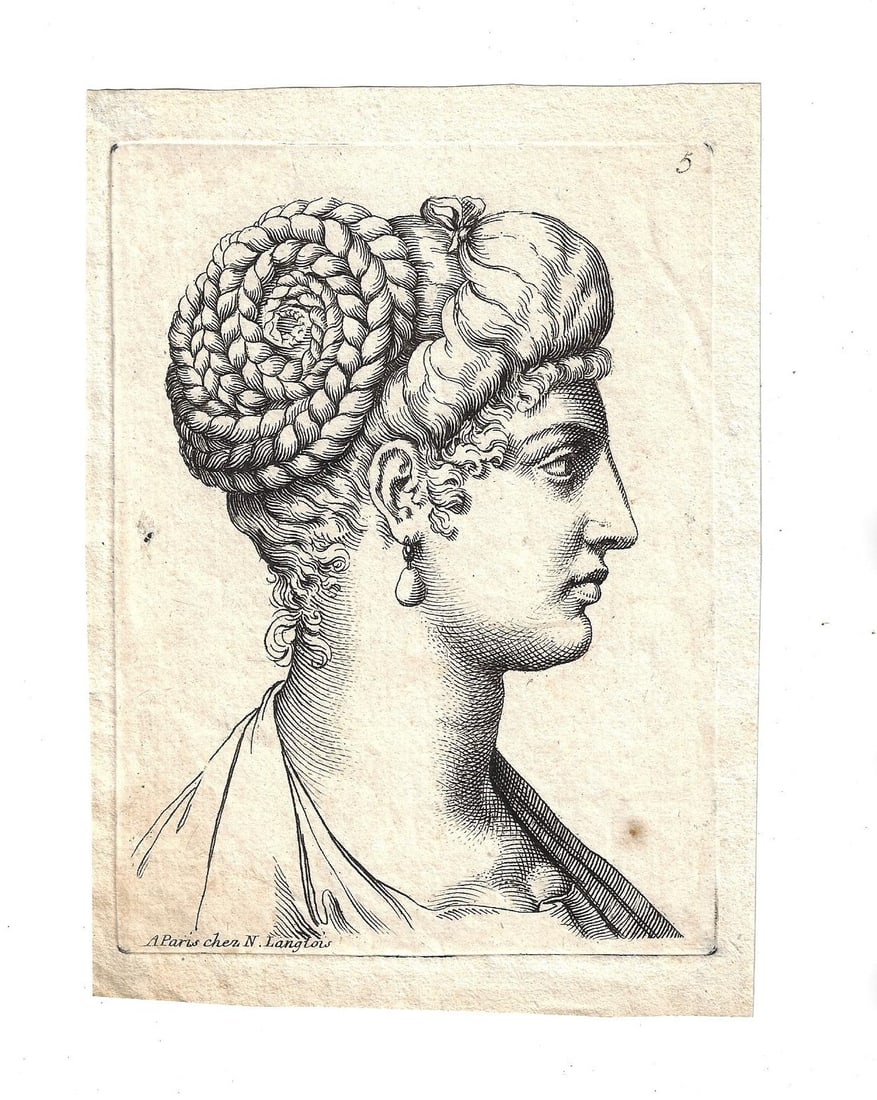 17th C Engraving Carracci Head of a Woman: Head of a Woman with Braided Hair and Pearl Earring after Agostino Carracci (1557-1602) printed at Paris at Chez by Nicolas Langlois (1640-1703). Fine with light mounting marks on verso, measures