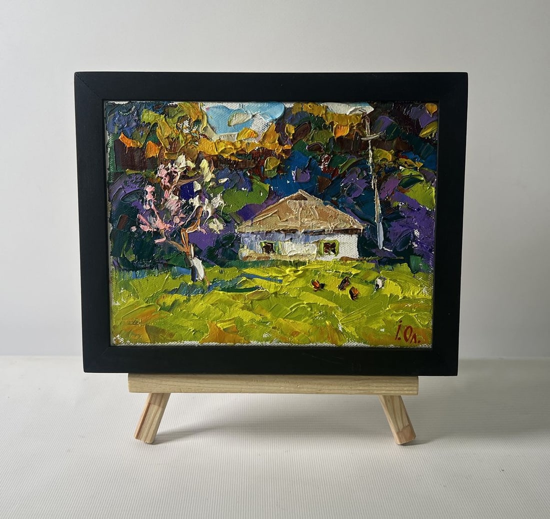Oil painting The yard smells of fresh hay and silence Oleksiy Ivanyuk: NoAAA5338The Oil painting on Canvas titled "The yard smells of fresh hay and silence" captures a serene countryside moment, steeped in the warmth and nostalgia of rural life. The composition centers
