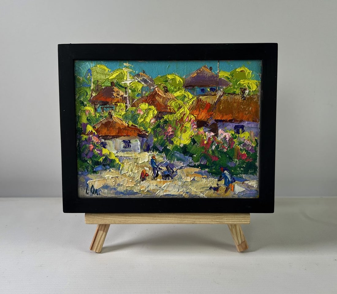 Oil painting Bloom and light between buildings Oleksiy Ivanyuk: NoAAA5371The Oil painting on Canvas titled "Bloom and Light Between Buildings" radiates warmth, nostalgia, and the vibrancy of village life captured at the height of summer. The artist skillfully comb