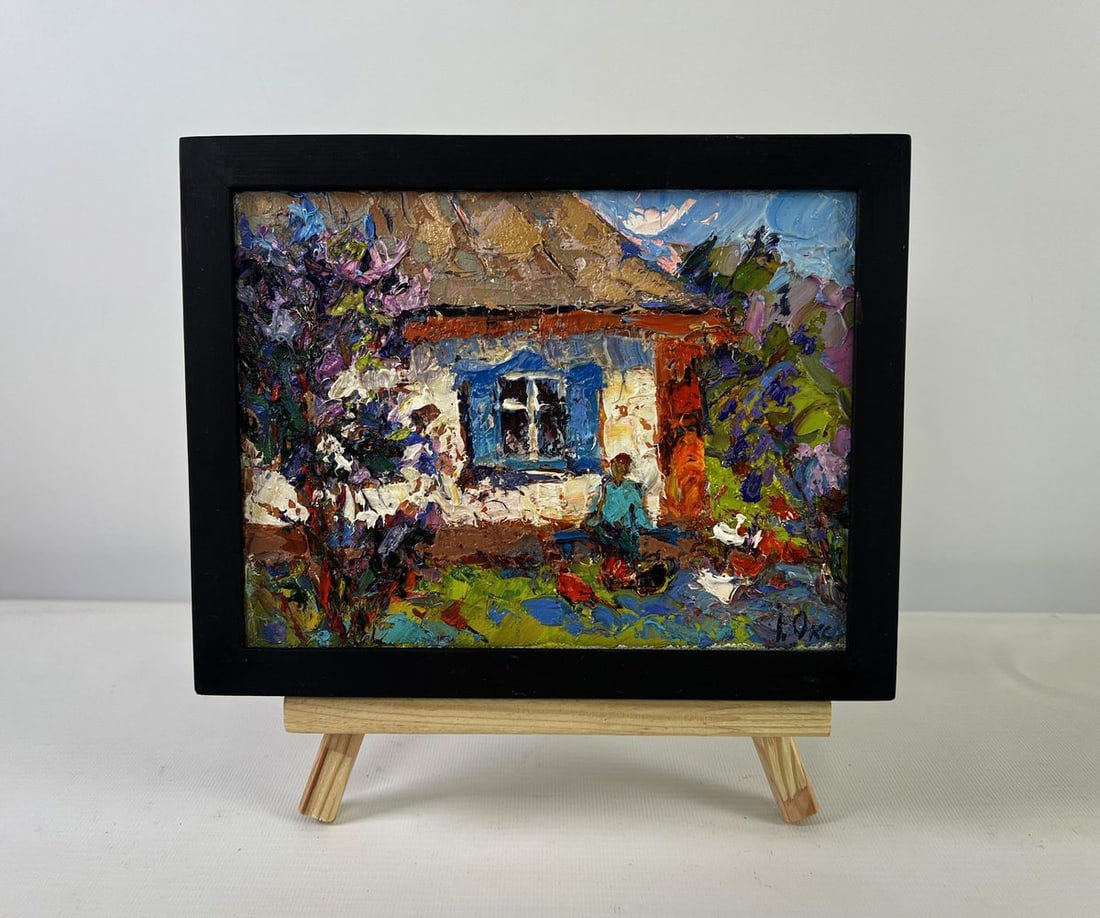 Oil painting Warm in every ray and smile Oksana Ivanyuk: NoAAA5388The Oil painting on Canvas titled "Warm in every ray and smile" immerses the viewer in a vibrant and emotional narrative set against the backdrop of a humble countryside home. The scene