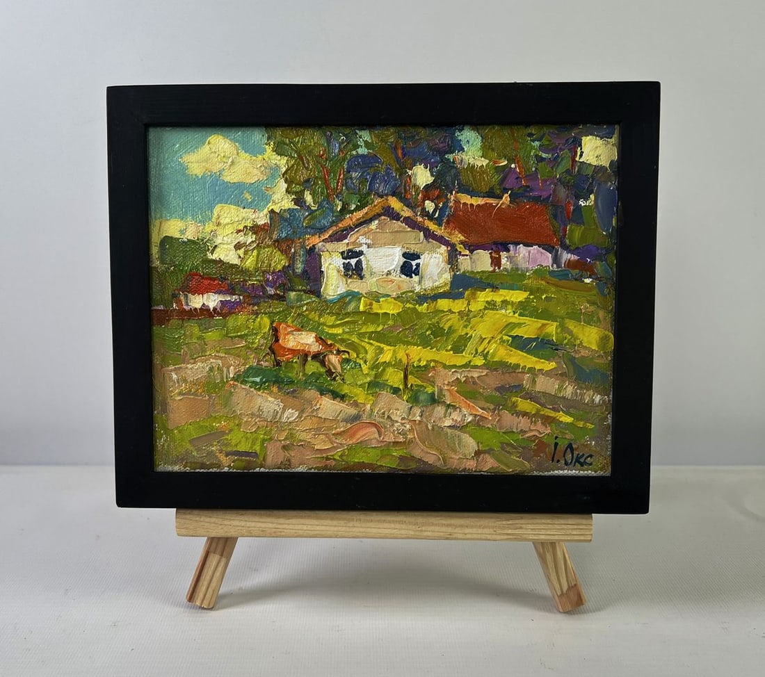 Oil painting Quiet evening dreams Oksana Ivanyuk: NoAAA5394The Oil painting on canvas titled "Quiet evening dreams" captures a tranquil rural scene imbued with nostalgic warmth and the soothing calm of countryside serenity. This vibrant landscape
