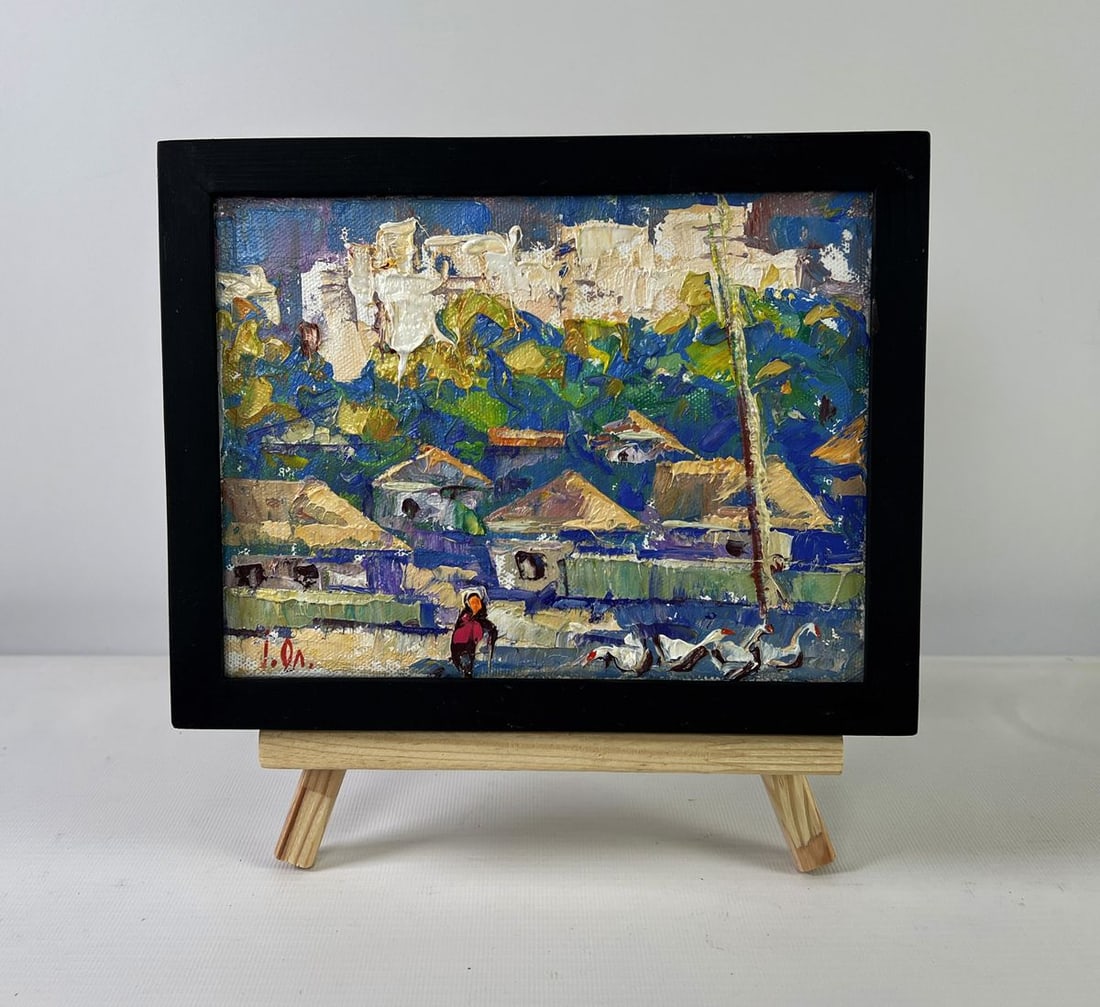 Oil painting Sunlight gently pours through houses Oleksiy Ivanyuk: NoAAA5404The Oil painting on canvas titled "Sunlight Gently Pours Through Houses" offers a vibrant and textured portrayal of a rustic village basking in the warm light of day. Crafted in thick,