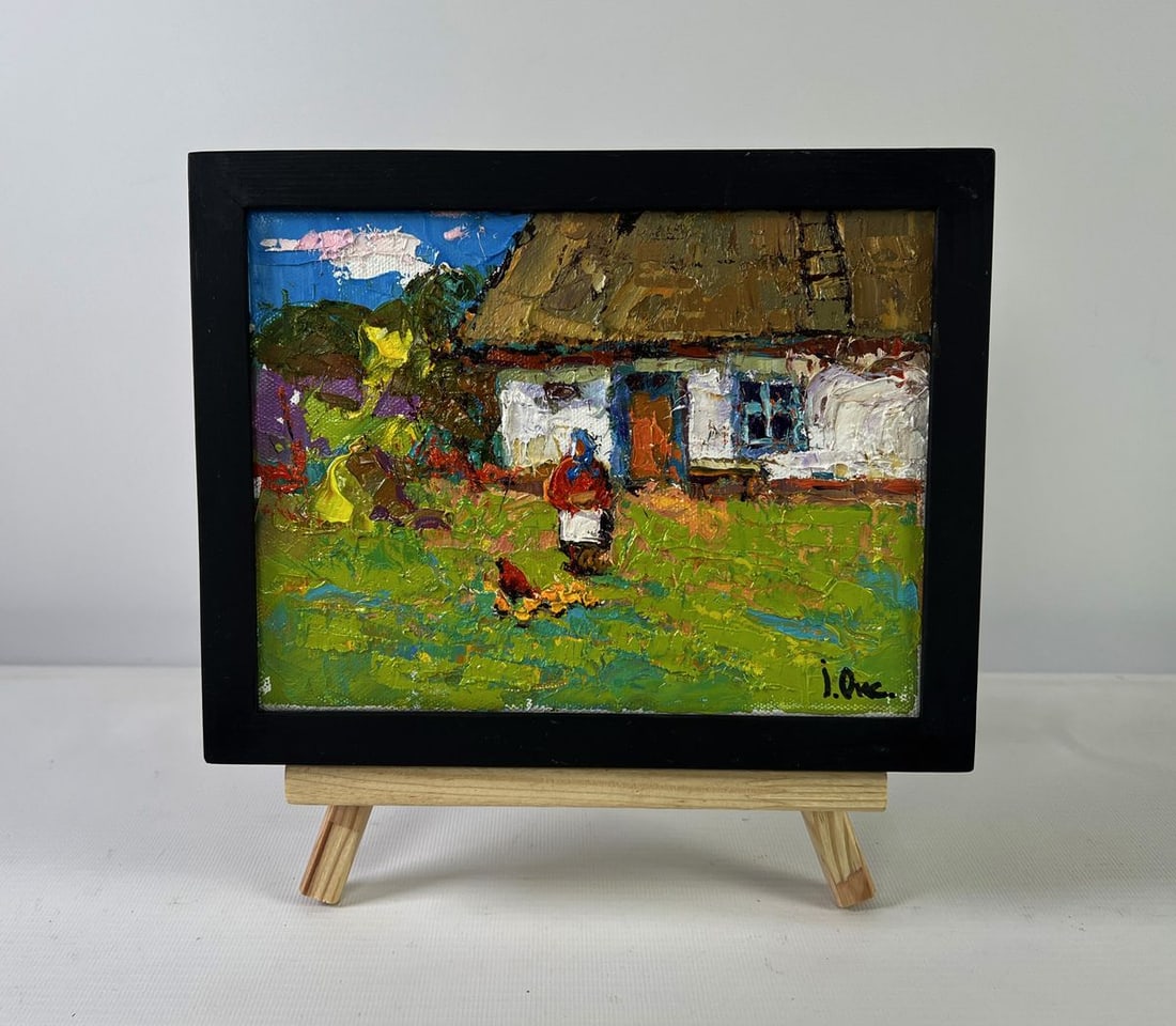 Oil painting Warm of wings and rustic silence Oksana Ivanyuk: NoAAA5407The Oil painting on canvas titled "Warm of Wings and Rustic Silence" captures a vivid and emotionally rich portrayal of life in a Ukrainian village, steeped in peace, tradition, and the