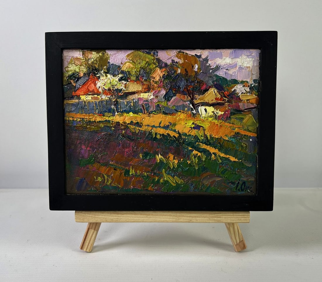 Oil painting Warm touch of light Oksana Ivanyuk: NoAAA5413The Oil painting on canvas titled "Warm touch of light" captures the essence of a rural landscape illuminated by the tender glow of sunlight, transforming an ordinary village scene into a cel