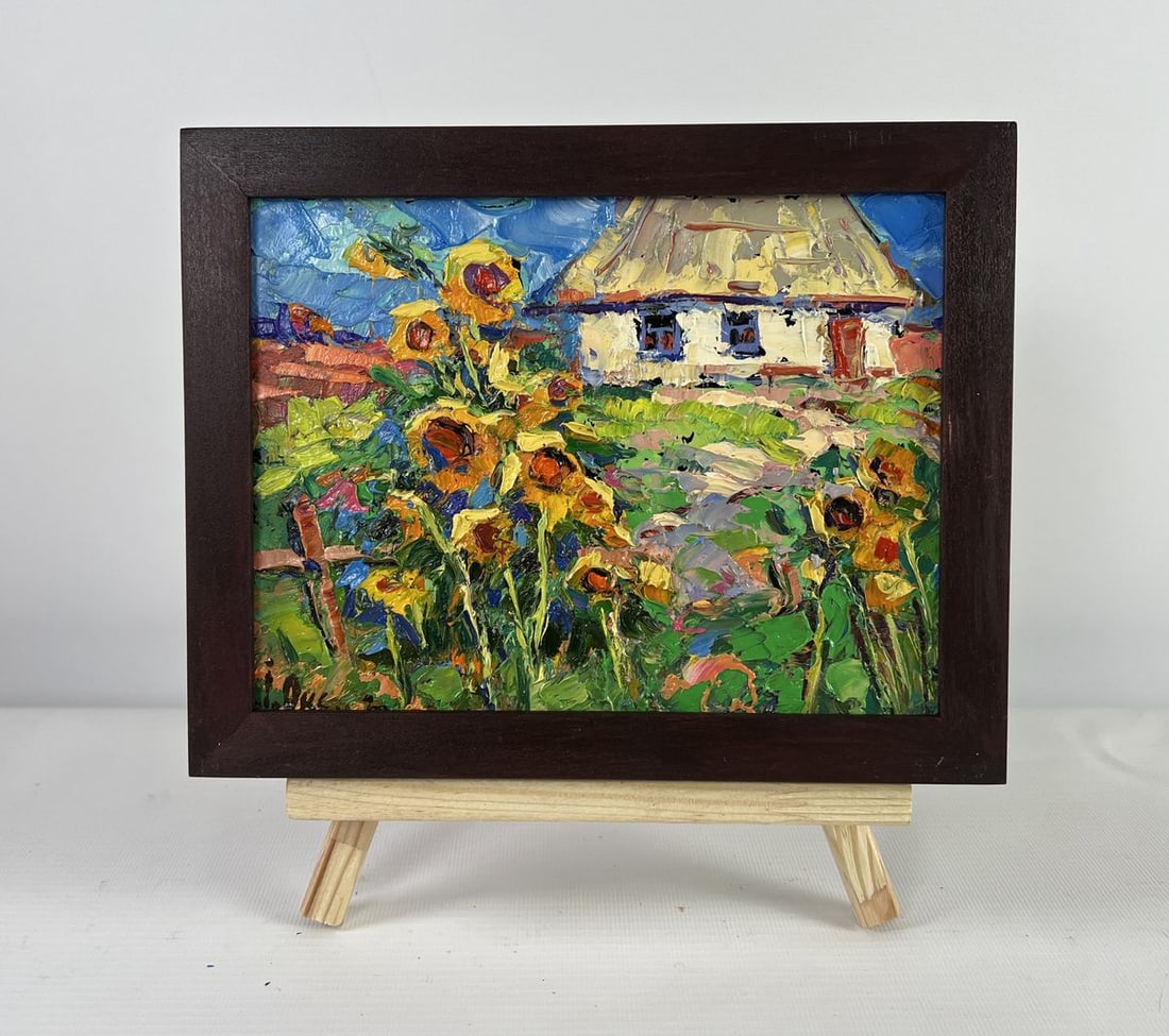 Oil painting The sun in every sunflower Oksana Kalenyuk: NoAAA5113The oil painting on Cardboard titled "The sun in every sunflower" is a radiant homage to the vitality and warmth of summer, encapsulated through the vibrant imagery of sunflowers basking in