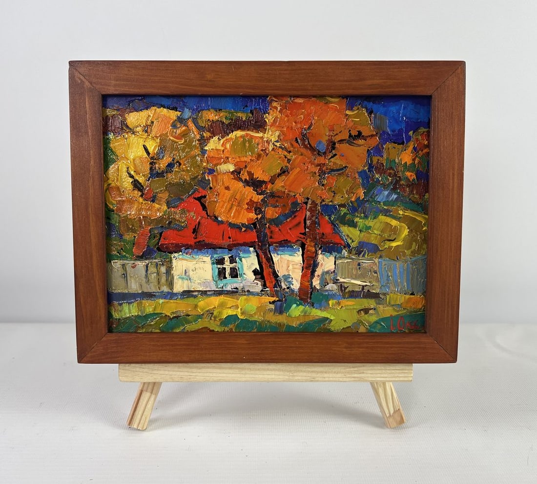 Oil painting Warmth of an autumn day Oksana Kalenyuk: NoAAA5116The oil painting on Cardboard titled "Warmth of an Autumn Day" captures a moment of serene simplicity and glowing nostalgia, where the brilliance of autumn colors envelopes a modest village h