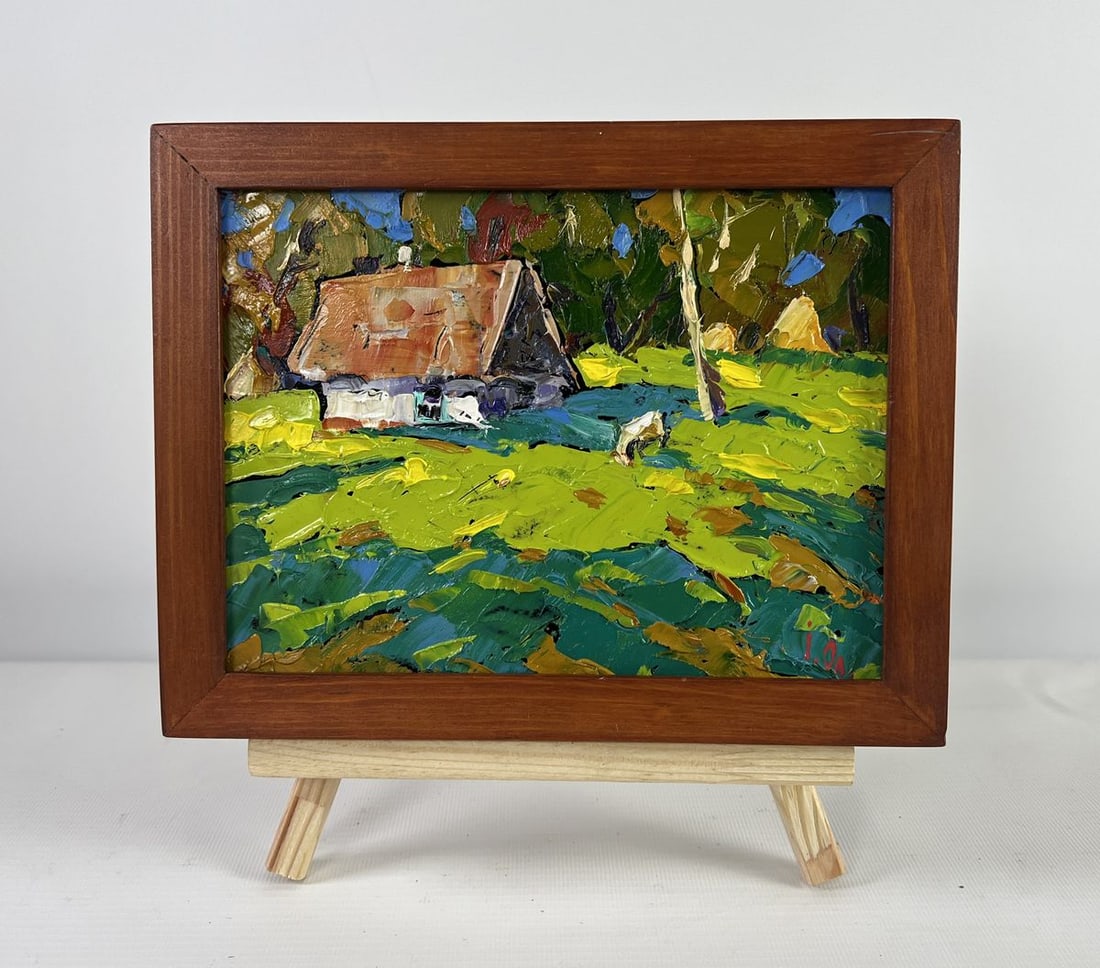 Oil painting Forest path to the sunny hut Alex Kalenyuk: NoAAA5132The oil painting on Cardboard titled "Forest path to the sunny hut" radiates an atmosphere of warmth, peace, and rustic simplicity, evoking the timeless connection between nature and a quiet 