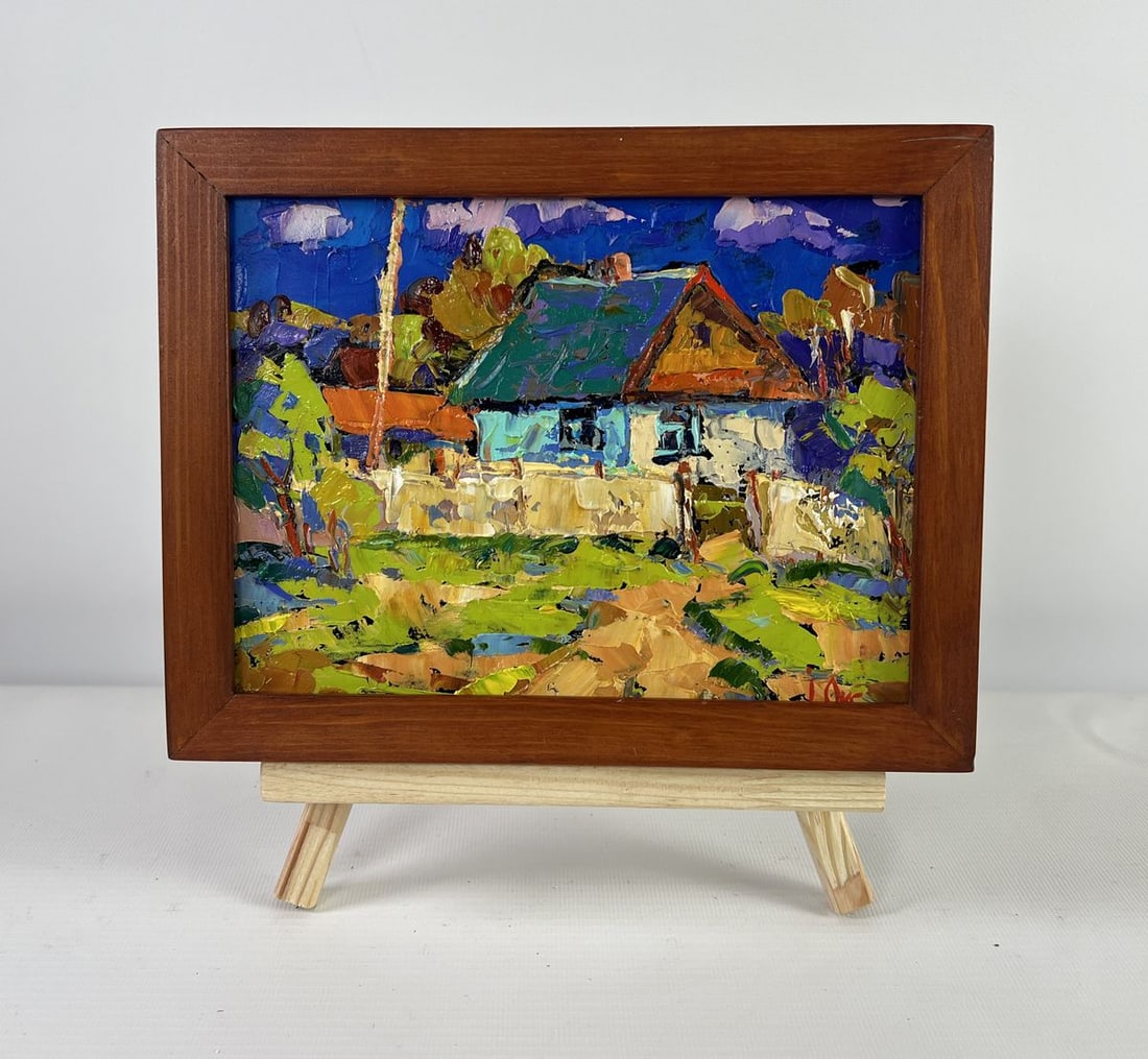 Oil painting Tree house and endless sky Oksana Kalenyuk: NoAAA5137The oil painting on Cardboard titled "Tree, house and endless sky" captures a moment of calm rural beauty, where nature, architecture, and the vast expanse of sky coexist in quiet harmony. Th